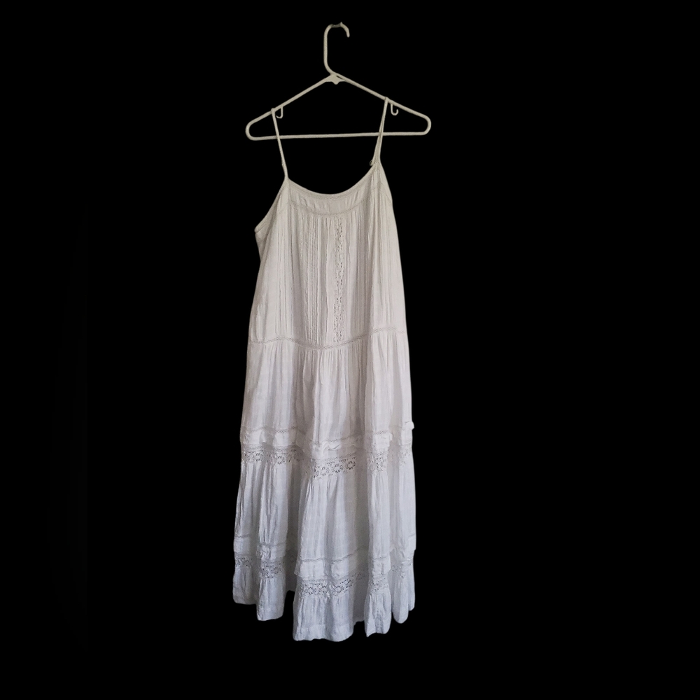 Lucky Brand White Tiered Boho Lace-Trim Maxi Dress, Size Large